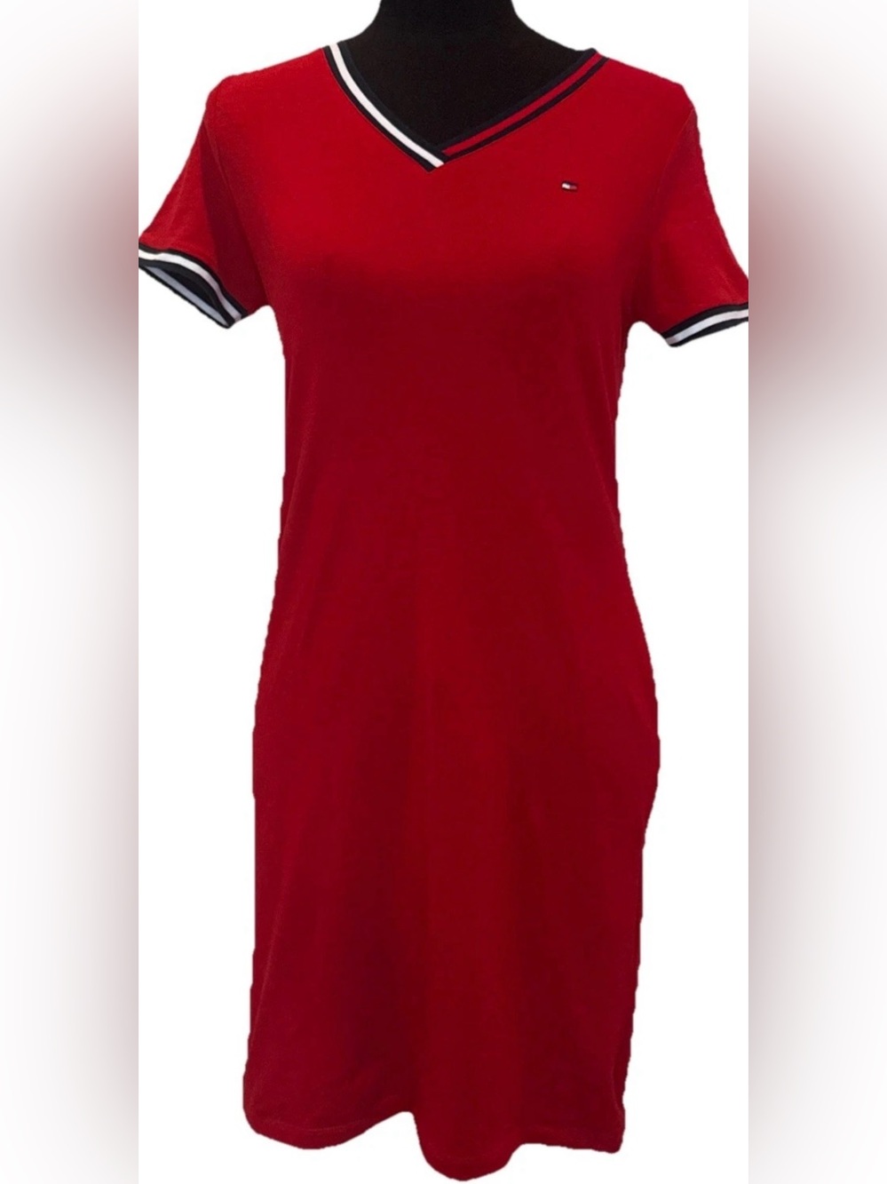 Tommy Hilfiger Women's Red/White/Blue Short Sleeve V-Neck Dress, Petite Small